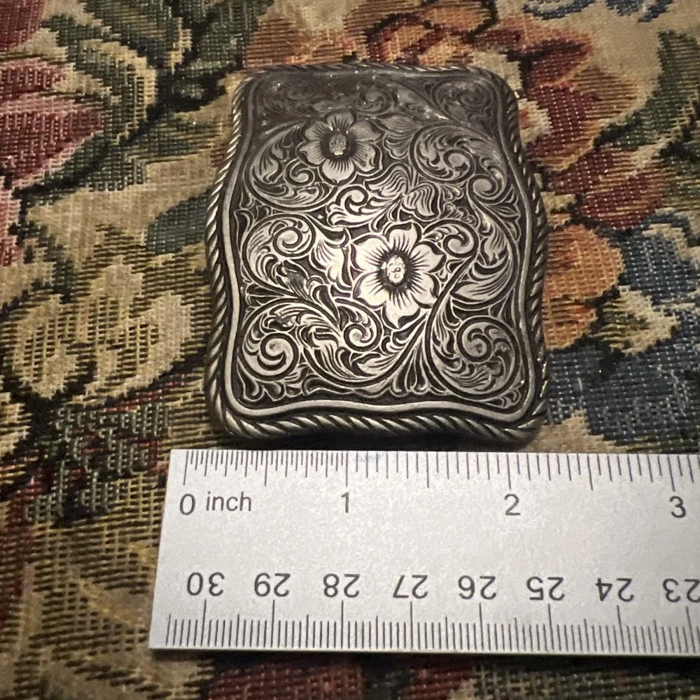 Western Dual Floral Engraved  Silver Tone Rope Border Rectangle Belt Buckle